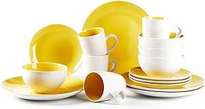HomeVss, Stoneware Coupe 16pc Dinnerware Set, Outside White + Inside Yellow