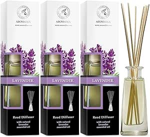 Reed Diffuser with Natural Essential Oil Lavender - 3 x 3.4 Fl Oz - Lavanda Diffuser - Scented Reed Diffuser - Gift Set w/Bamboo Sticks - for Aromatherapy - Home - Office - Fitness