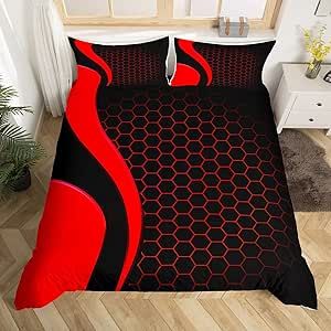 Geometry Bedding Set Geometry Honeycomb Comforter Cover for Kids Boys Girls Teens Hexagonal Geometrical Red Black Duvet Cover Breathable Beehive Bedspread Cover Room Decor Bedclothes Queen Size