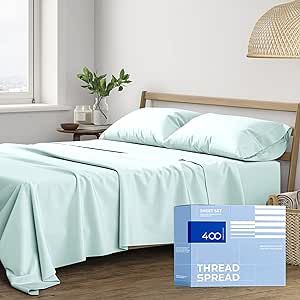 THREAD SPREAD 100% Cotton Sheets for Queen Size Bed - 400 Thread Count 4 Piece Cotton Sheet Set - Soft, Breathable Cooling Sheets - Deep Pocket Queen Bed Sheets - Sateen Weave Bedsheet (Sea Foam)