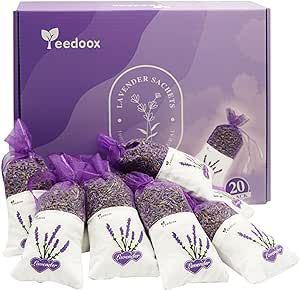 Yeedoox French Lavender Sachets Bags Home Fragrance 20-Pack for Drawer Closet Dresser and Car, Fresh Natural Dried Lavender Flowers Scent for Freshener Deodorizer Moth Away