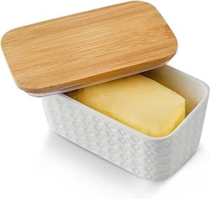 Hasense Large Butter Dish with Lid for Countertop - Farmhouse Ceramic Butter Container Holder with Cover for Fridge,Silicone Sealing,White Embossed Pattern,Holds Two Sticks of Butter