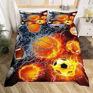 3D Flame Ball Print Bedding Set for Girls Boys Children Sports Theme Fire Water Comforter Cover Decorative 3D Ball Pattern Duvet Cover Competitive Games Bedspread Cover Full Size 3Pcs Bedclothes