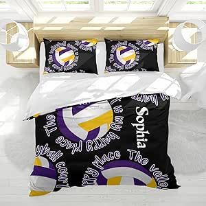 Purple Gold Volleyball Sherpa Fleece Quilt Cover Personalized Name Bedding Set Bedclothes with 1 Duvet Cover + 2 Pillowcases Twin Size