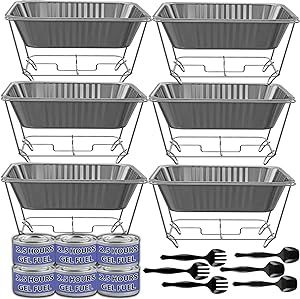 Chafing Dish Buffet Set, Half Size, Disposable Catering Supplies -6 Pack- Food Warmers for Parties, Incl Wire Racks, Fuel, Aluminum Water Pans, Food Pans, Serving Utensils -Single Pan Food Warmer