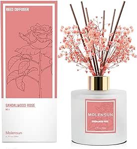 Molensun Reed Diffuser Set 6.7oz, Sandalwood Rose Premium Essential Oil Scented Diffuser with Sticks, Fragrance Preserved Real Flower Refill Home Decor for Bathroom Office - Gifts House Warming
