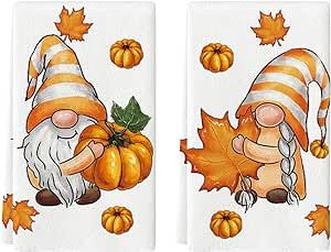 Artoid Mode Gnomes Maple Leaves Pumpkin Fall Kitchen Towels Dish Towels, 18x26 Inch Seasonal Decoration Hand Towels Set of 2