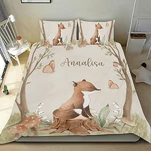 SunFancy Personalized Duvet Cover Set,Woodland Animals Forest Fox Custom Gift Bedding Sets Comforter Bedclothes Set for Boy Girl Adult Birthday Mom Twin