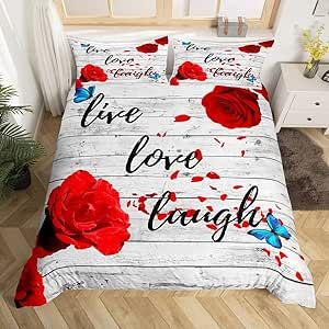 Live Love Laugh Bedding Set for Girls Boys Men Women Funny Quotes Comforter Cover Wooden Decor Red Roses Floral Petal Duvet Cover Modern Fashion Romantic Bedspread Cover Queen Size 3Pcs Bedclothes