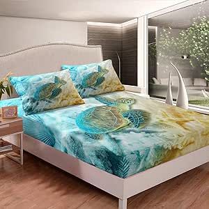Erosebridal Teal Turtle Bed Cover Ocean Reptile Animals Bedding Set Hawaiian Beach Coastal Fitted Sheet Starfish Shell Conch Underwater World Marine Life Bedclothes with 1 Pillow Case Twin Size