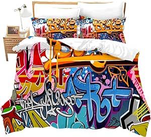 Feelyou Hippie Graffiti Comforter Cover Set Twin Size for Kids Boys Youth Duvet Cover Modern Bedclothes Wall Urban Street Art Bedspread Cover with 1 Pillow Shams Zipper&Ties Personalized