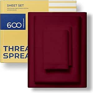 THREAD SPREAD 600-Thread-Count Twin Sheet Set - Pure 100% Cotton Sheets - 3 Pc Burgundy Bedsheet for Twin Bed, Soft Cooling Sheets on Amazon, Deep Pocket, Sateen Weave, Soft Sheets Set