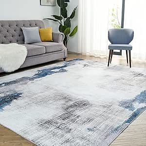 OIGAE Washable Rug 5x7, Abstract Modern Area Rugs with Non-Slip Backing, Non-Shedding Floor Mat Throw Carpet for Living Room Bedroom Kitchen Laundry Home Office, White/Blue