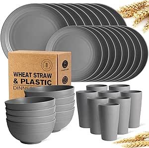Teivio 32-Piece With Flatware Kitchen Plastic Wheat Straw Dinnerware Sets, Service for 8, Dinner Plates, Dessert Plate, Cereal Bowls, Cups, Unbreakable Plastic Outdoor Camping Dishes, Grey