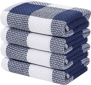 Homaxy 100% Cotton Waffle Weave Check Plaid Kitchen Towels, 13 x 28 Inches, Super Soft and Absorbent Dish Towels for Drying Dishes, 4-Pack, White & Navy Blue