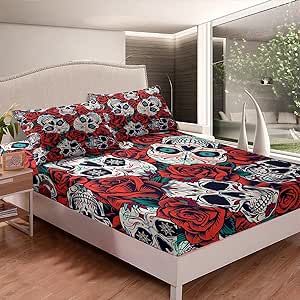 Sugar Skull Bedding Set Twin Size Red Rose Skull Bed Cover Gothic Floral Skull Fitted Sheet Exotic Tribal Flower Skeleton Bones Bedclothes for Kids Teen Boys 2 Pieces Bedroom Decor