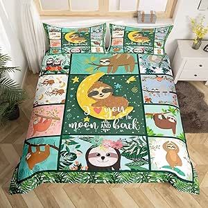 Homewish Kawaii Sloth Duvet Cover for Boys,Girls Tropical Leaves Comforter Cover Full Size,Cute Animals Bedding Set Kids Teen Room Decor Bed Cover,Rainforest Theme Bedclothes with Zipper