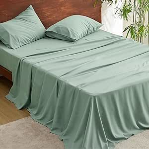 Bedsure Queen Sheet Set - Blend of Rayon Derived from Bamboo Cooling Sheets, Deep Pockets Fits Up to 16", Wrinkle Free Soft Sheets, 1 Flat Sheet, 1 Fitted Sheet & 2 Pillowcases - Sage Green
