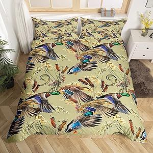 Feelyou Mallard Duck Duvet Cover Hunting Bedding Set Duck Hunting Comforter Cover for Boys Girls Hunting and Fishing Bedspread Cover Wild Animal Queen Size 3Pcs Bedclothes