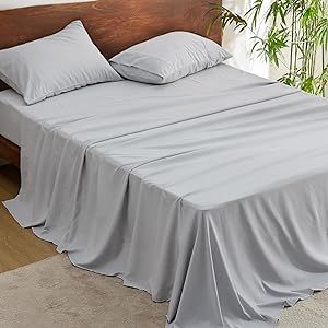 Bedsure Queen Sheets Grey - Blend of Rayon Derived from Bamboo Cooling Sheets, Deep Pockets Fits Up to 16", Polyester Wrinkle Free Soft Sheets for Kids, 1 Flat Sheet,1 Fitted Sheet & 2 Pillowcases