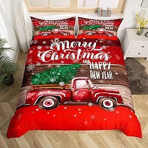 Merry Christmas Bedding Set Full Size Red Farm Truck Green Pine Tree Soft Decorative Bedclothes for Boys Girls Bedroom Decor Snowflakes Wooden Stripes Plaid Comforter Cover with 2 Pillowcases