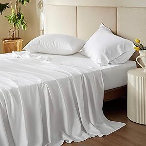 Bedsure Queen Sheets, Rayon Derived from Bamboo, Queen Cooling Sheet Set, Deep Pocket Up to 16", Breathable & Soft Bed Sheets, Hotel Luxury Silky Bedding Sheets & Pillowcases, White