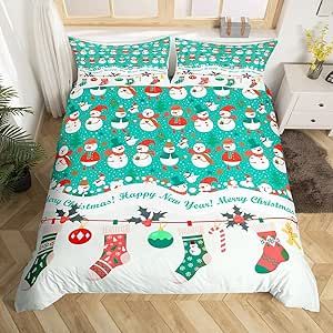 Feelyou Queen Size Merry Christmas Duvet Cover Boys Girls Xmas Tree and Snowman Bedding Set for Kids Ultra Soft Comforter Cover Set Snowflake Bedspread Cover Room Decor Bedclothes Zipper