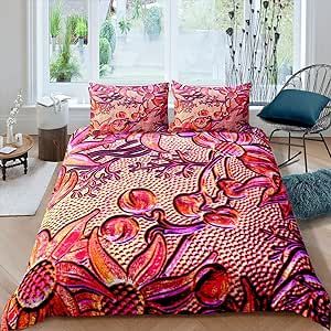 Castle Fairy 3D Red Fuchsia Bedding Duvet Covers Queen 90x90Inches Sunflower Leave Plant Hollow Bedding Set Modern Style for Men and Women Decorative Ultra Soft Comforter Cover 3Pcs Bedclothes