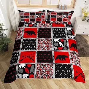 Feelyou King Bear Camo Duvet Cover Wild Life Bedding Set for Kids Cute Animals Hunting Comforter Cover Set Red Black Geometry Bedspread Cover Room Decor Bedclothes Zipper