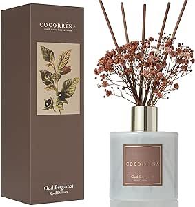 Cocorrina Reed Diffuser Sets - 6.7 oz Oud Bergamot Scented Diffuser with 8 Sticks Home Fragrance Essential Oil Reed Diffuser for Bathroom Shelf Decor