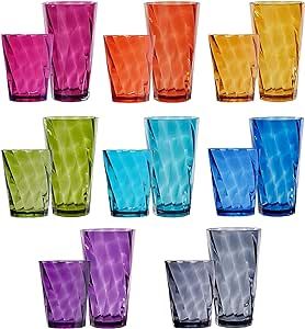 US Acrylic Optix Plastic Reusable Drinking Glasses (Set of 16) 14oz Rocks & 20oz Water Cups in Jewel Tone Colors | BPA-Free Tumblers, Made in USA | Top-Rack Dishwasher Safe