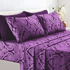 LDC LUX DECOR COLLECTION Bed Sheets - 6 Pc Queen Size Sheets - High GSM Brushed Microfiber Sheets -Upto 16 Inches Deep Pocket Bedding Sheets & Pillowcases (Queen, Paisley Purple)