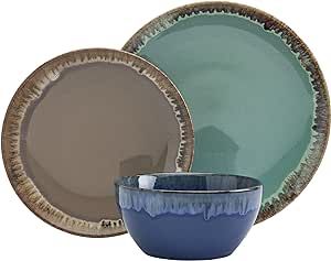 Tabletops Gallery Tuscan Reactive Glaze Stoneware- Dining Entertainment Plate Bowl Ceramic, 12 Piece Tuscan Dinnerware Set (Blue, Green, and Brown)