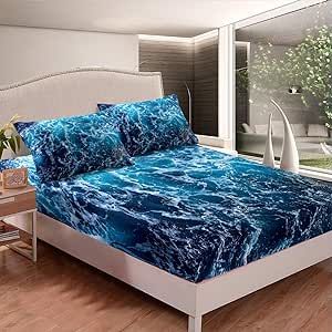 Erosebridal Blue Waves Sheet Set Ocean Sea Fitted Sheet Summer Theme Print Bedding Set Cozy Bed Cover Room Decorative Ultra Soft Bedclothes Twin Size 1 Fitted Sheet with 1 Pillow Case