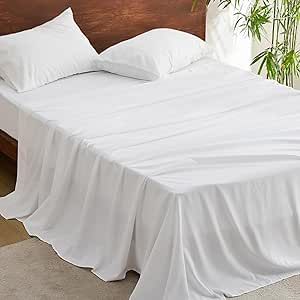 Bedsure Queen Sheet Set - Blend of Rayon Derived from Bamboo Cooling Sheets, Deep Pockets Fits Up to 16", Wrinkle Free Soft Sheets, 1 Flat Sheet, 1 Fitted Sheet & 2 Pillowcases - White