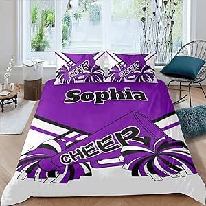 CUXWEOT Cheerleader Purple White Personalized Name Sherpa Fleece Quilt Cover Bedding Set Bedclothes with 1 Duvet Cover + 2 Pillowcases Queen Size