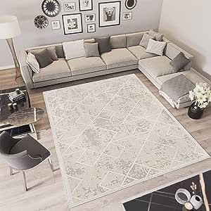 Leesentec Area Rugs Moroccan Geometric Stripe Rug for Living Room Bedroom Floor Mat Washable Rug Soft Non-Slip Carpet Imitation Cashmere Indoor Rugs Home Decor (Ivory, 5'3" x 6'6" Rectangular)
