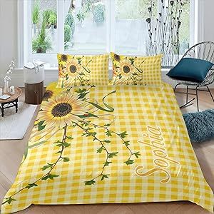 CUXWEOT Sunflower Sherpa Fleece Quilt Cover Personalized Name Bedding Set Bedclothes with 1 Duvet Cover + 2 Pillowcases King Size