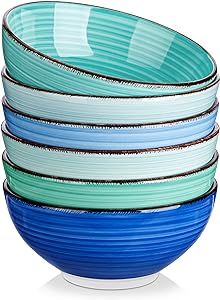 vancasso Bonita 27 Oz Cereal Bowls Set of 6, Blue Ceramic Bowls for Soup, Salad, Serving, Pasta, Ramen, Noodle, Dishwasher & Microwave Safe