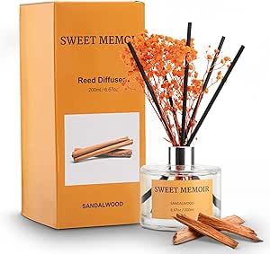 Sweet Memoir Essential Oil Reed Diffuser Set, Sandalwood, Decorative Bottle, Preserved Flowers and Diffusing Sticks, Soft Aromatherapy Gift for Home or Office Decor, 200 mL Liquid Fragrance