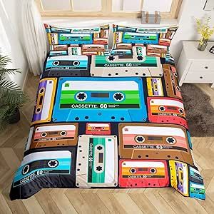 Colorful Music Cassettes Duvet Cover Retro Audio Cassettes Comforter Cover Music Theme Bedding Set Vintage Bedspread Cover Music Room Decor Full Size Bedclothes Zipper