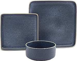 Tabletops Gallery Madison Fashion Dinnerware Collection- Square Contemporary Modern Reactive Glaze Dinner Salad Plate Bowl 4 Place Setting, 12 Piece Madison Dinnerware set in Speckled Blue