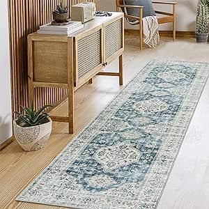Lahome Oriental Hallway Rug Runner - 2x8 Blue Ultra-Thin Kitchen Runner Rugs Non Skid Washable, Laundry Room Rug Runner Accent Carpet, Distressed Soft Non Slip Throw Mat for Bedroom Bathroom Hall