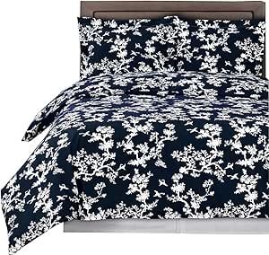 sheetsnthings 9 Piece Bed in A Bag Queen Size Includes: 100% Cotton- Navy/White Lucy Printed Duvet Cover Set +300TC, White(Sheet Set +Bed Skirt) +All Season White Down Alternative Comforter