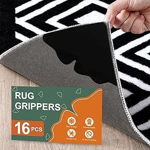 LANDNEOO [16 Pack] Rug Gripper, Non-Slip Rug Pads for Hardwood Floors and Tiles, Double Sided Rug Tape Stickers, Reusable and Washable Carpet Tape Corner Side Gripper for Area Rugs