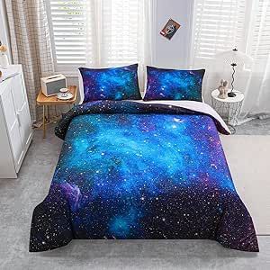 Feelyou Galaxy Bedding Set Queen Size, Girls Boys Kids Teen Comforter Cover, Outer Space Duvet Cover Galaxy Stars in Space Celestial Astronomic Planets, Decorative Bedclothes Blue Purple