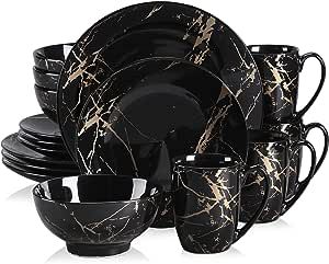 Plates and Bowls Sets for 4, Black Dinnerware Sets 16 Piece Gold Splash Glaze Round Dish Set, LOVECASA Porcelain Plate Set with Mugs Dishwasher Microwave Safe