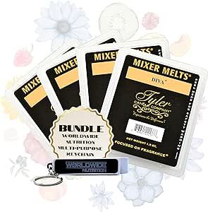 Worldwide Nutrition Bundle, 2 Items: Tyler Diva Scent Wax Melts - Soy Wax Tyler Diva Wax Melts Scented Mixer Melts for Wax Warmer - Pack of 4, 6 Bars per Melt and Multi-Purpose Key Chain