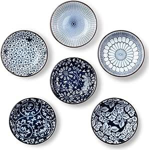 Eisinly Dipping Bowls, Soy Sauce Dish Ceramic, 3 OZ Small Serving Bowls for Side Dishes Vintage Blue Stylish Design, Set of 6 Mini Appetizer Plates for Condiment Sushi Ketchup BBQ Party, 4 Inch