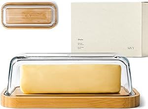 KIVY Glass butter dish with lid for countertop and refrigerator door shelf - Butter Keeper - Butter holder for counter - Butter container for fridge - Covered butter dishes with lid - Butter tray